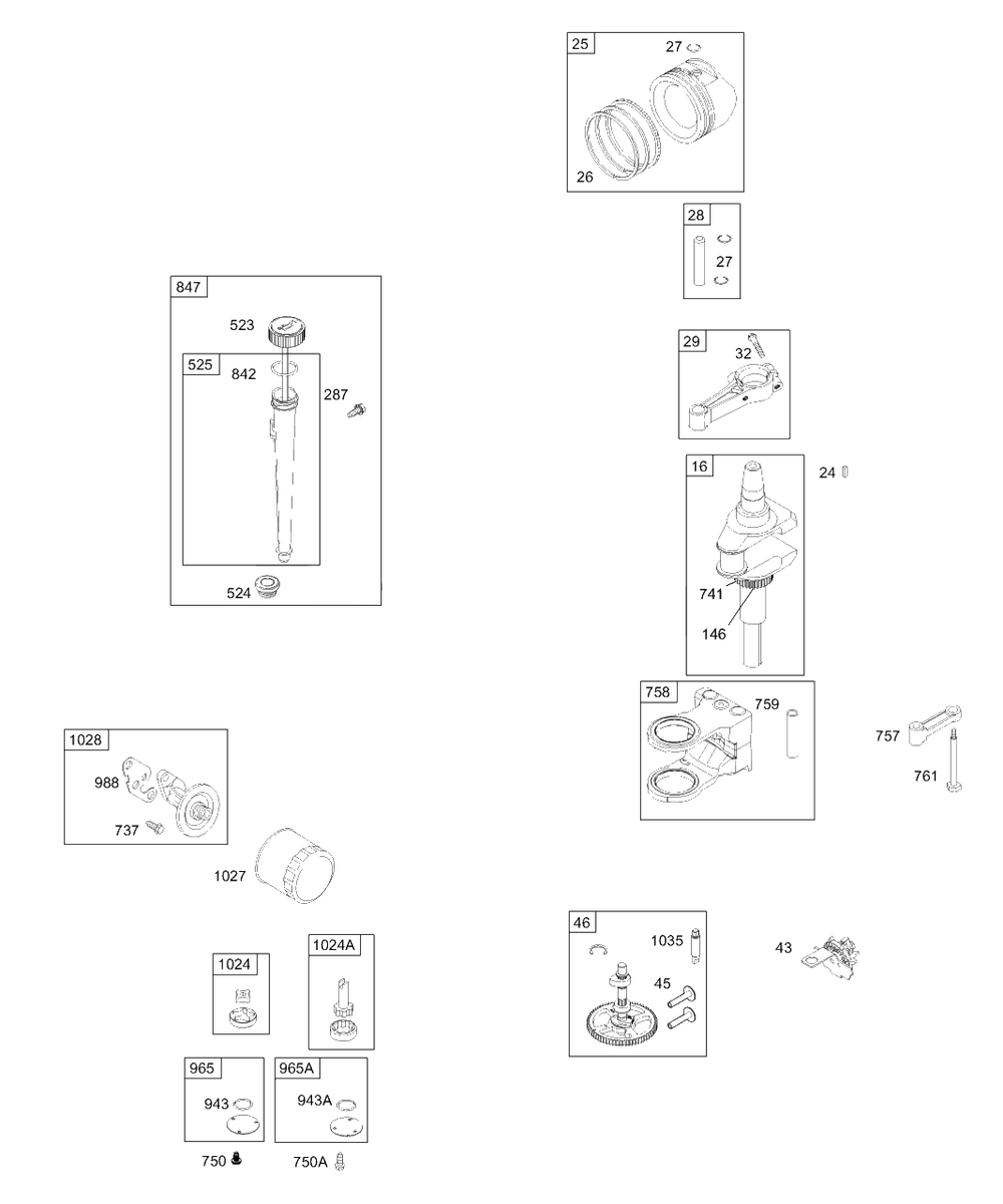 Crankshaft, Piston, Camshaft, Oil Diagram and Parts List for  Briggs and Stratton Engine
